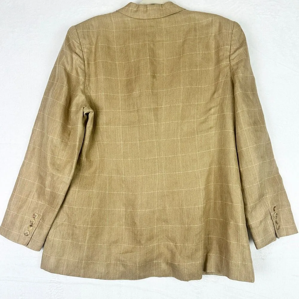 Lauren Ralph Lauren Vintage Women's Linen Plaid Blazer Size 16 Tan Windowpane - Image 2