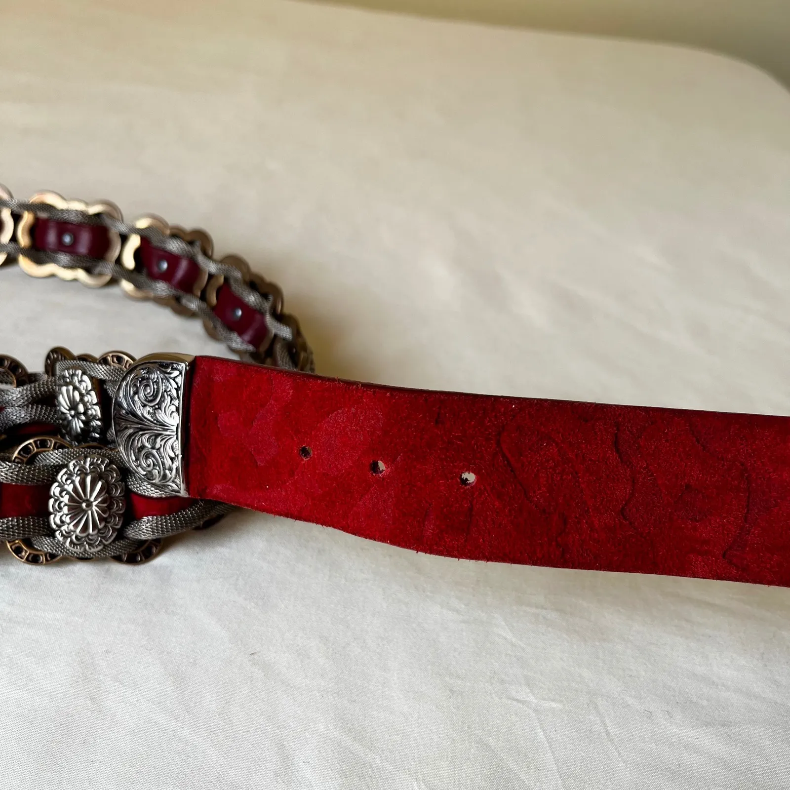 Nanni Italy Red Suede Silver Concho Chain Leather‎ Belt 36 Vintage Y2K - Image 11