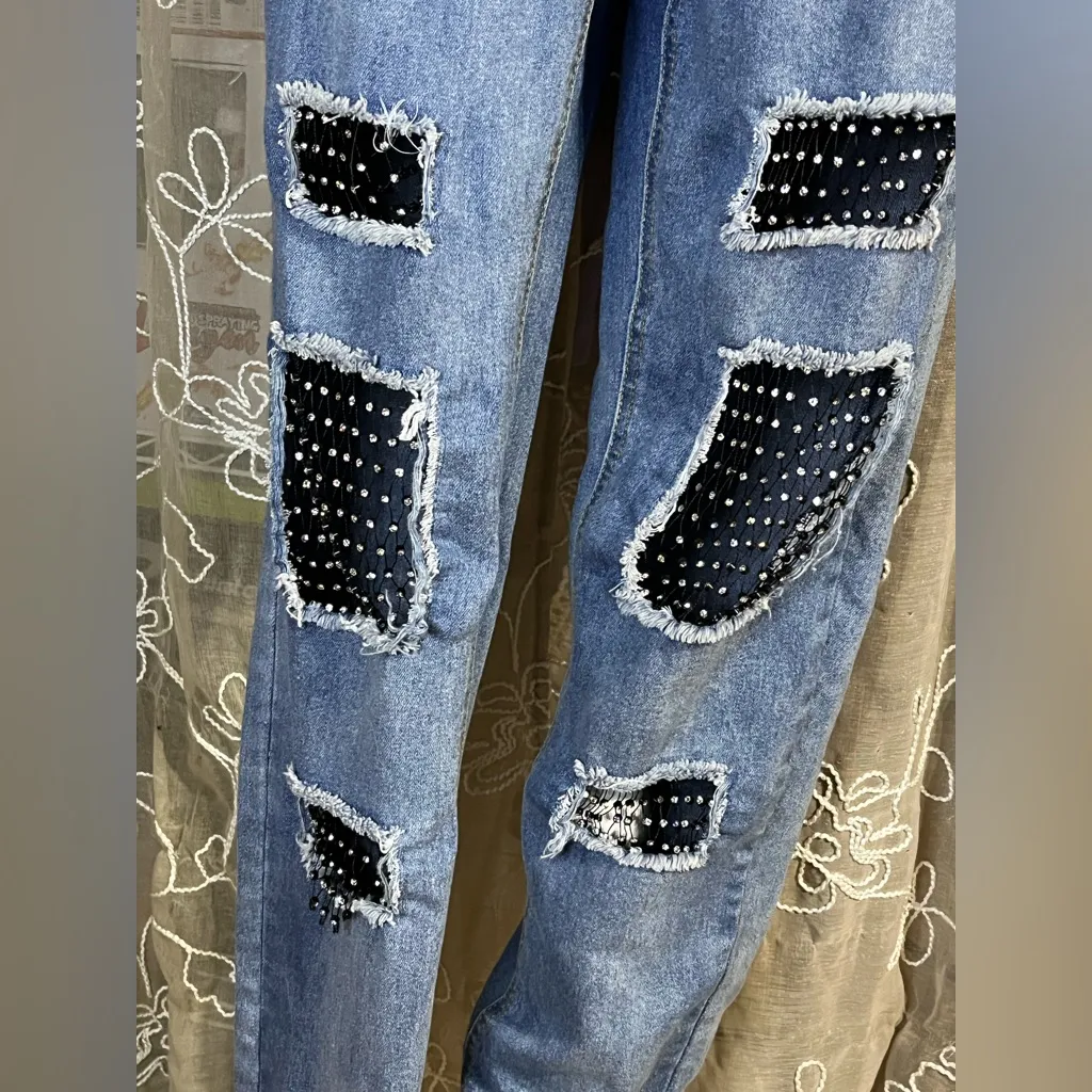 Venus Blue Denim Jeans Rhinestone Fishnet Distressed - Image 3