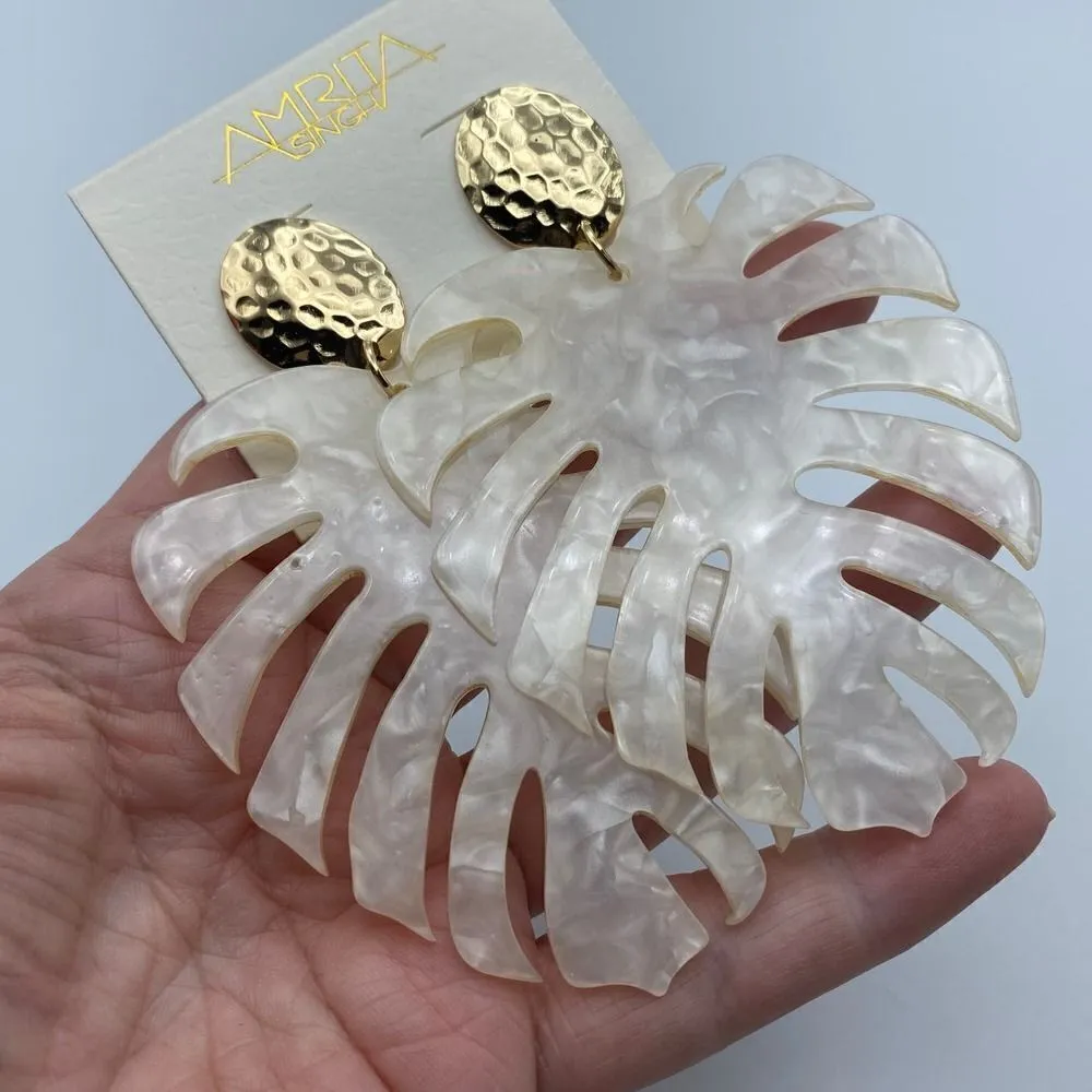 Amrita Singh Palm White Marbleized Leaf Large Statement Earring - Image 3