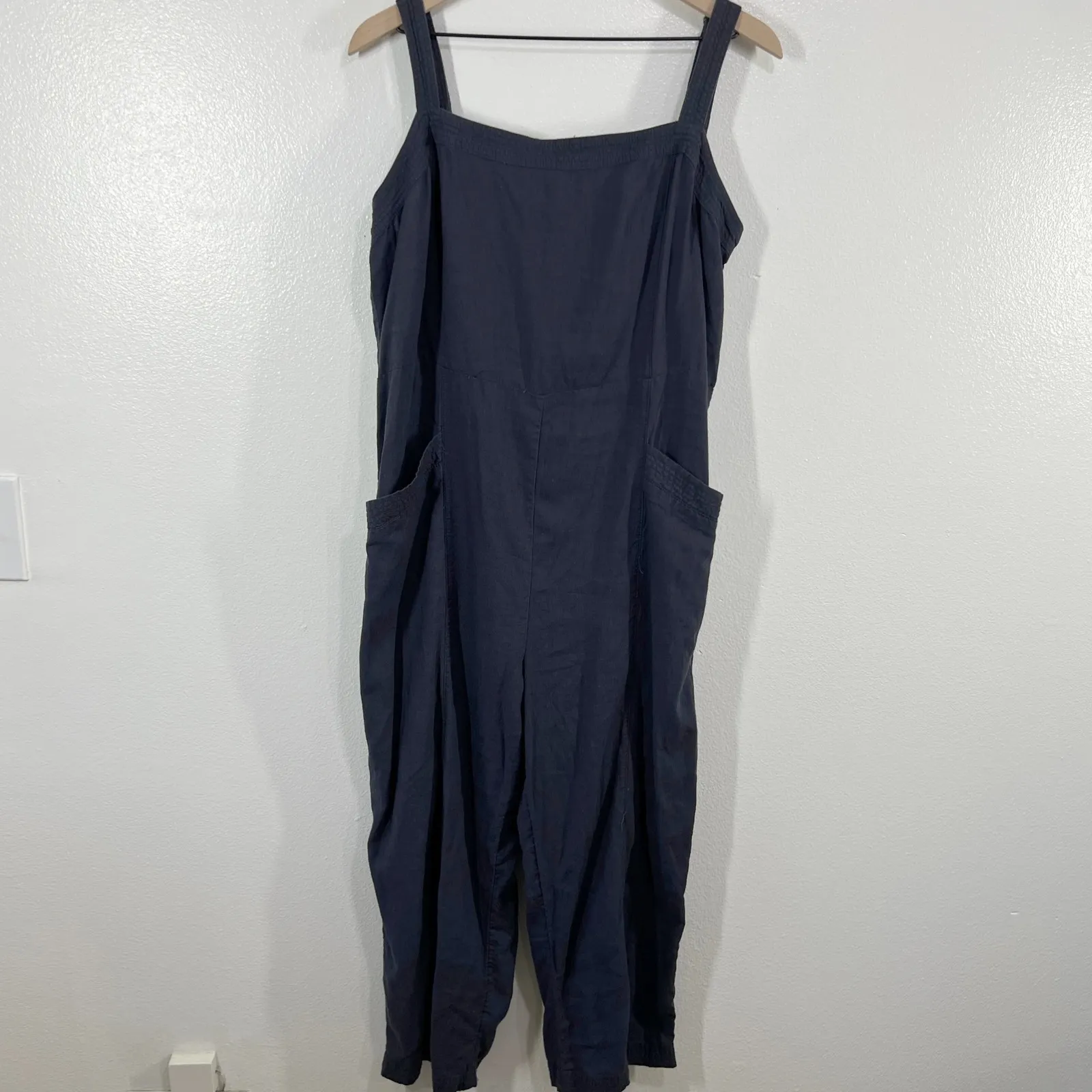 Nicole Miller Navy Blue Linen Blend Jumpsuit‎ Womens 16 Wide Leg Pocket Overalls - Image 2