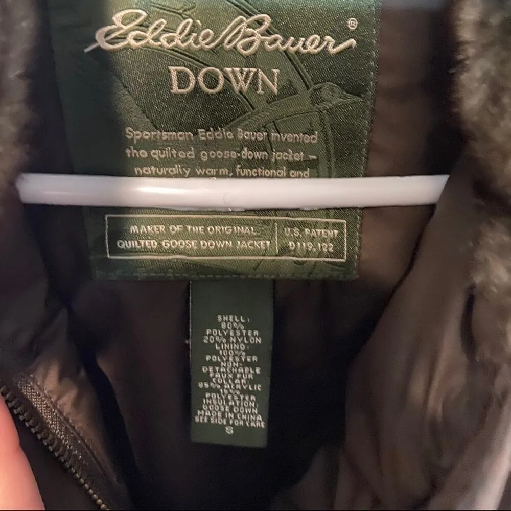 Eddie Bauer Down Puffer Vest Goose Down Full Zip Brown Fur Lined Small - Image 3
