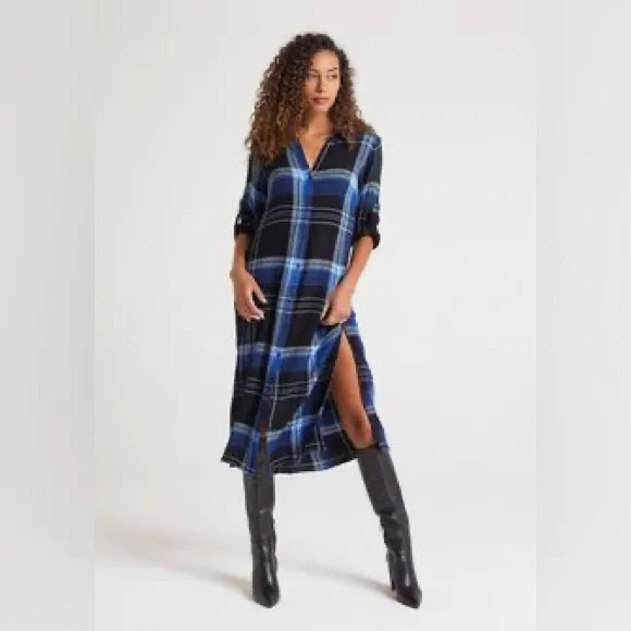 Bella Dahl Rolled Sleeve Plaid Shirt Dress Button Front Womens Size S - Image 2
