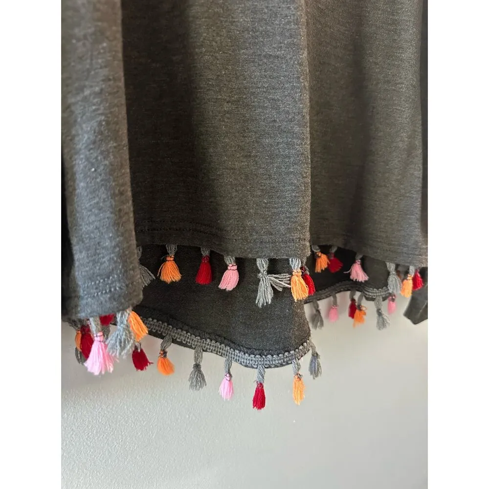 SHEIN Top Women's Small Gray Tassel Fringe Balloon Sleeve Crewneck Boho - Image 4