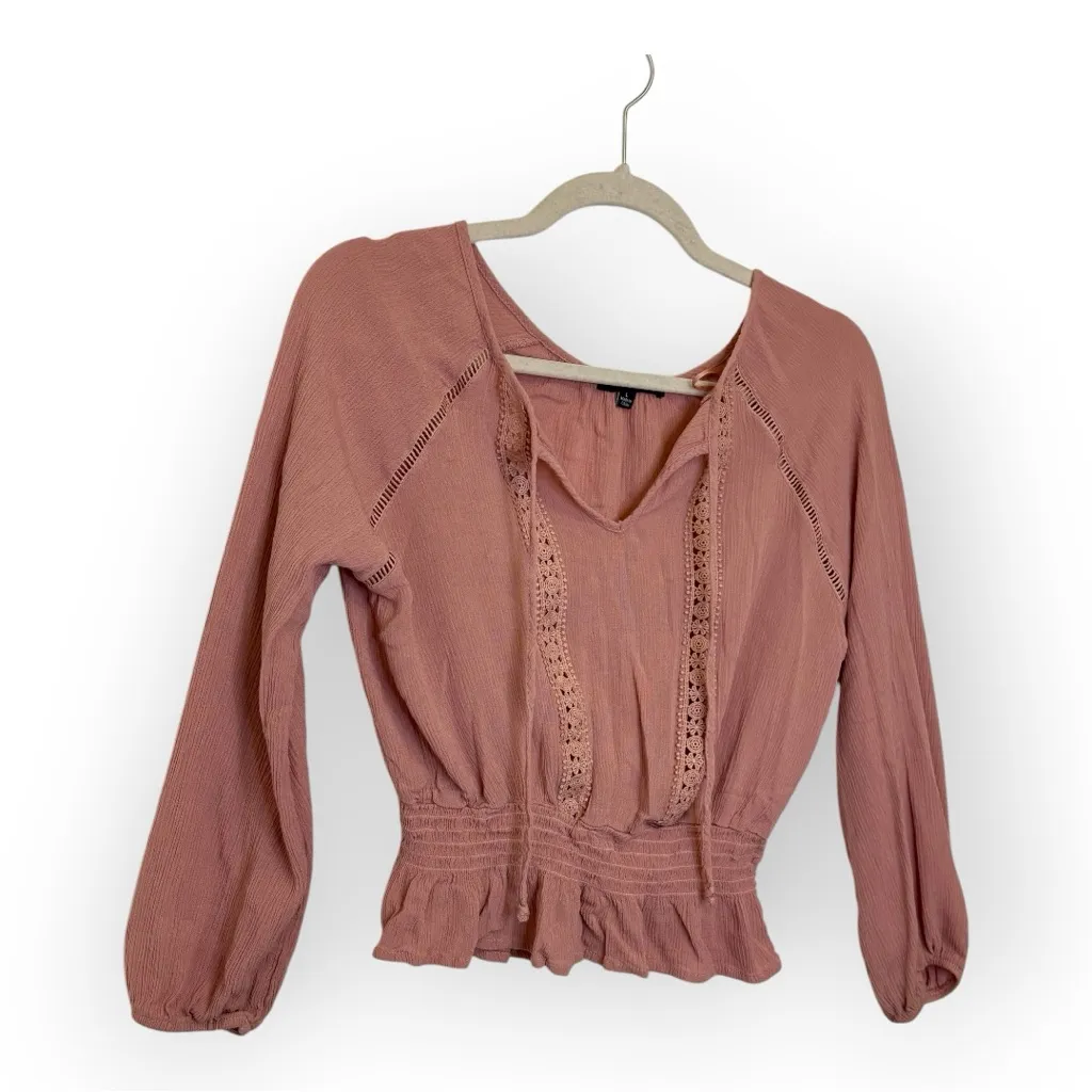 Ambiance Mauve Peplum Blouse Crochet Boho Western Prairie Top L Pink Size L - Image 2