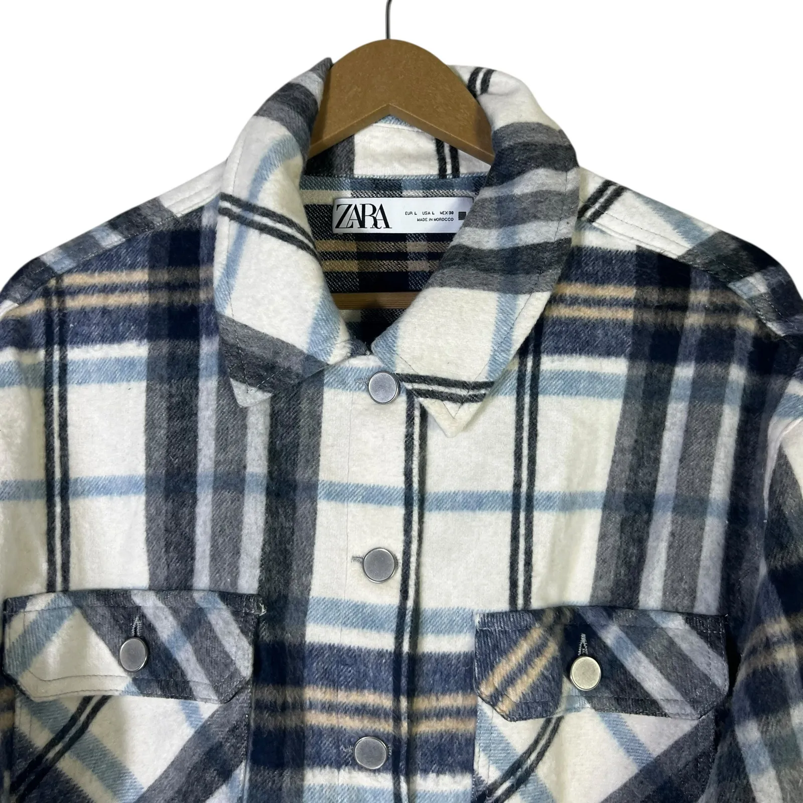 Zara Plaid Cropped Flannel Shirt Jacket Womens L White Blue Western Heritage - Image 3