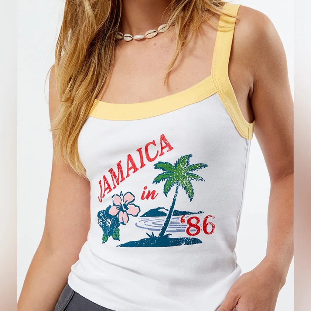 🤍PacSun Jamaica in 86’ Graphic White and Yellow Trim Fitted Tank Top - Image 2