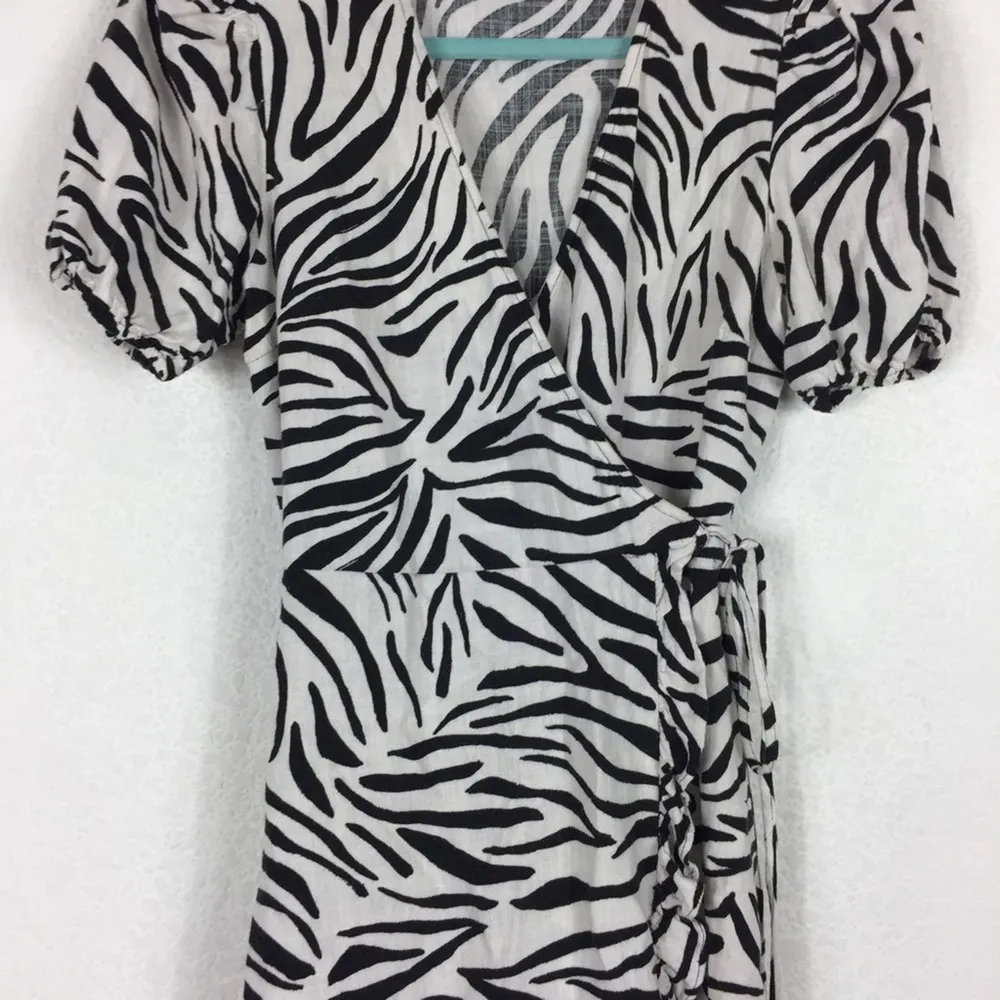 Zara Zebra Print Puff Sleeve Linen Wrap Mini Dress Small - Image 10