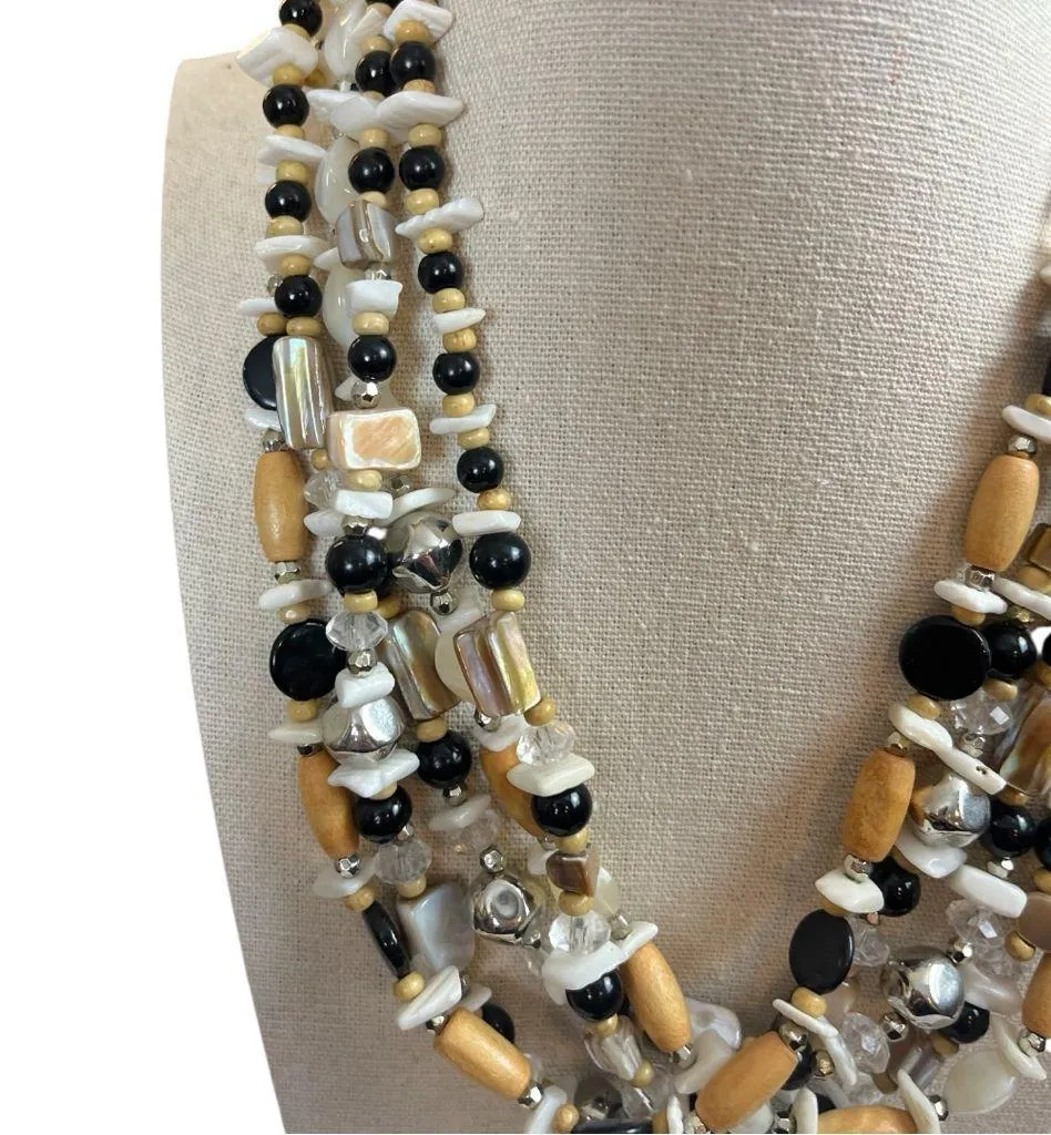 Women’s Necklace Chunky Beaded Multi Strand Layered White Tan Black 9/10” Length - Image 3