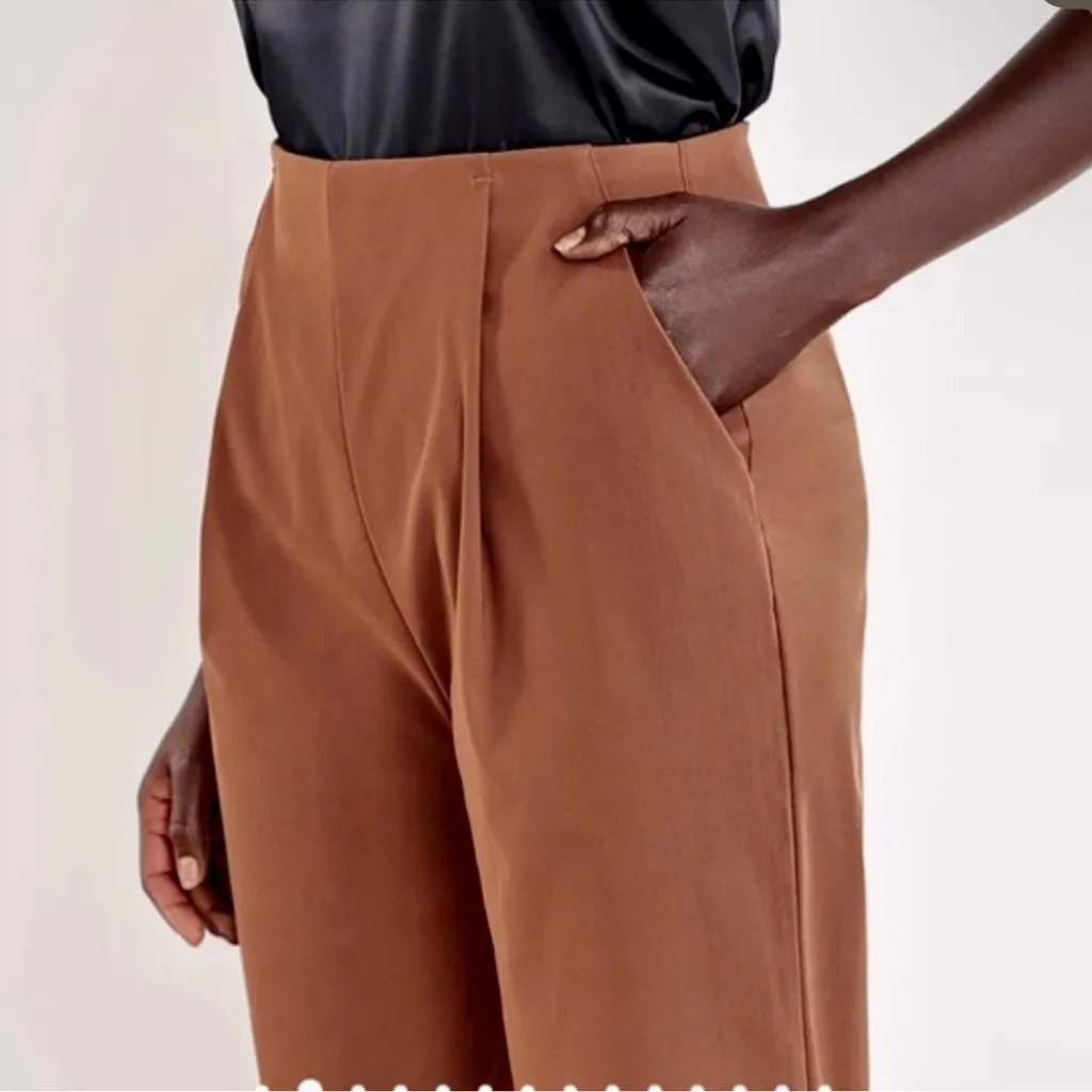 ADAY Line Up Pant Satin Trouser Almond Cognac Brown Tapered Straight‎ Leg Size M - Image 3