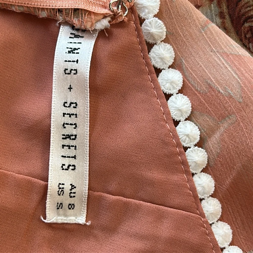 Saints + Secrets Peach Floral Long Sleeve Mini Dress Front Keyhole Size Small - Image 10