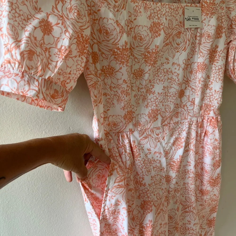 Sz S M‎ Floral Flower Jumpsuit Back Zipper Square Neck Short Puff Sleeves Orange - Image 3