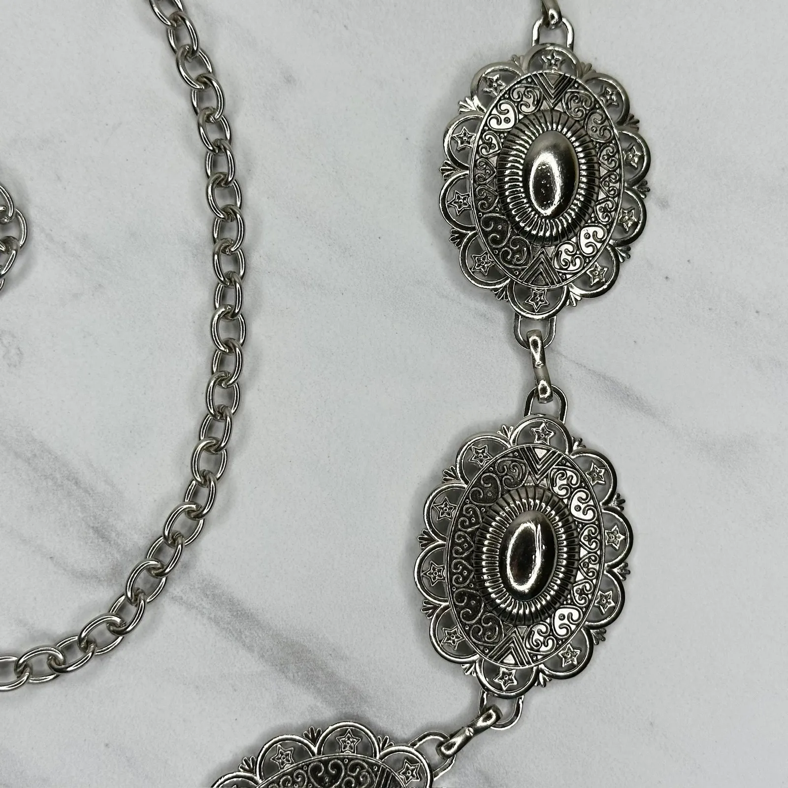 Womens Southwestern Concho Chain Belt Silver Tone Stamped One Size OS ✨ - Image 5