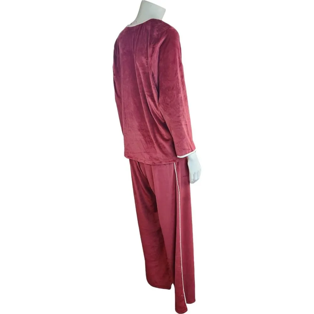 Breezies Lounge Fleeced Lounge Set with Satin Trim Dark Berry Long Sleeve Medium Red - Image 3