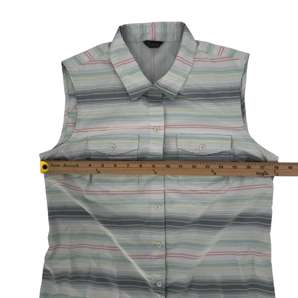 Eddie Bauer White Striped Button Down Chest Pockets Sleeveless Tech Shirt Small - Image 5