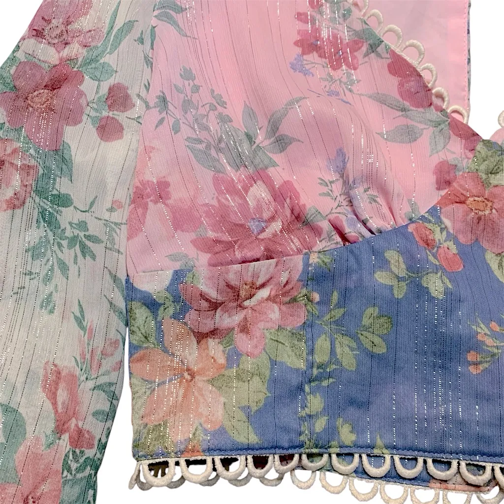 • Altar'd State Tara patchwork top floral pink and blue xsmall - Image 5