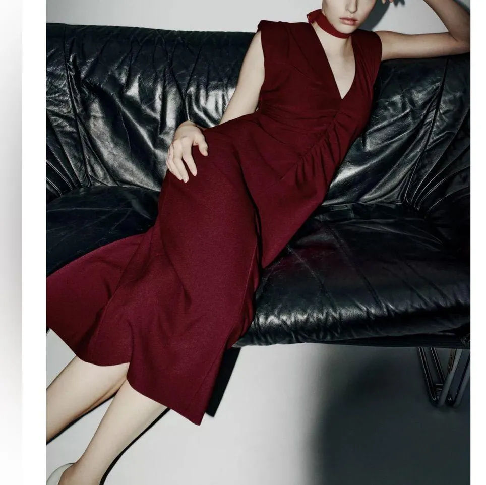 Zara NWT burgundy ruched v neck shoulder padded draped midi dress ZW collection - Image 2