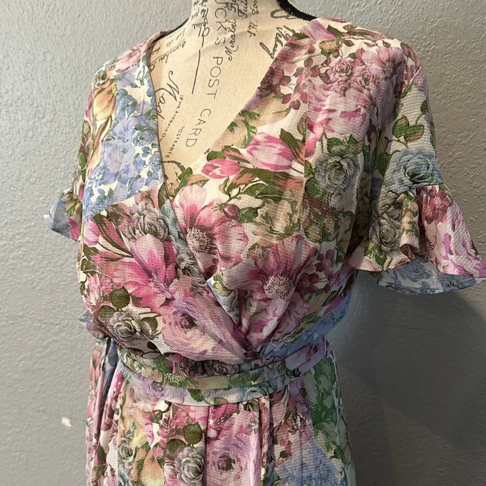 Maison Tara Women's Flutter Sleeve Wrap Asymmetric Hem Dress floral dress Blue Size 10 - Image 4