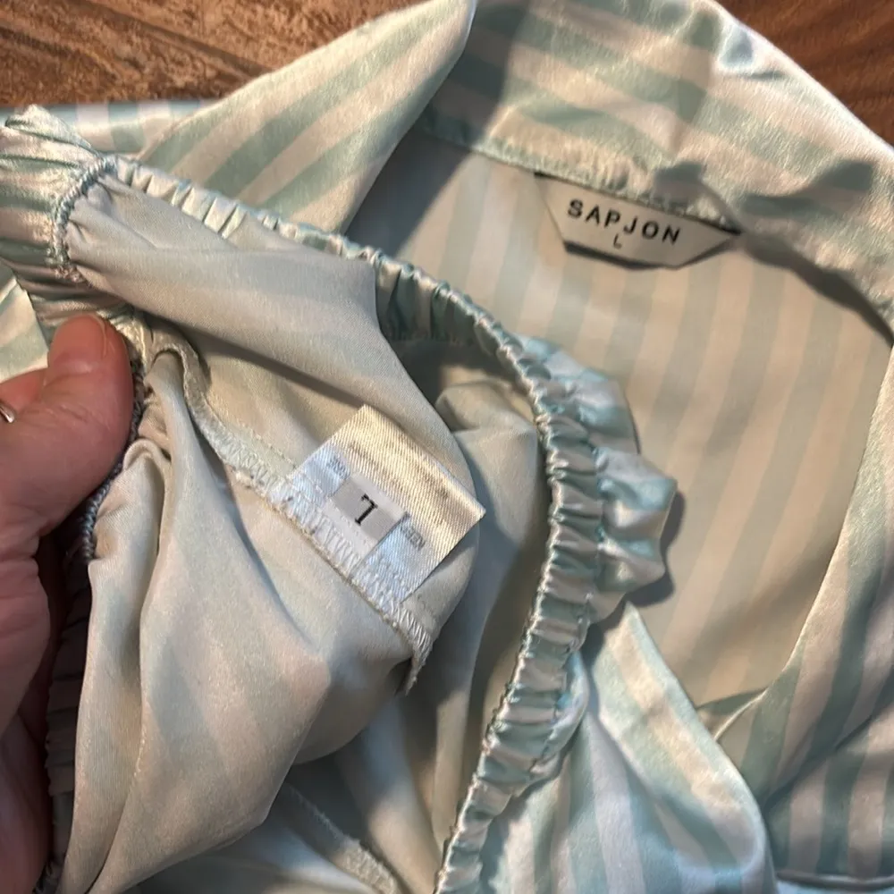 Striped Satin Pajama Set in Mint and White Size L - Image 2