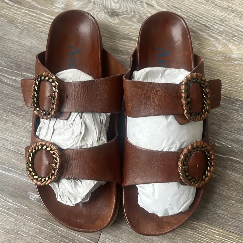 Antenora brown Leather Sandals size 39 or 9 slides handmade Italy buckles NEW - Image 8