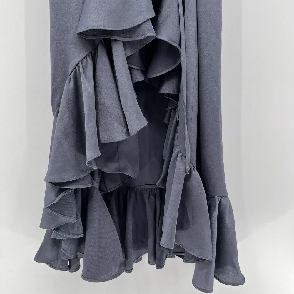 Shona Joy Zephyr Luxe Ruffle Wrap Midi Dress Slate Gray Cap Sleeves Hi-Lo Size 4 - Image 6