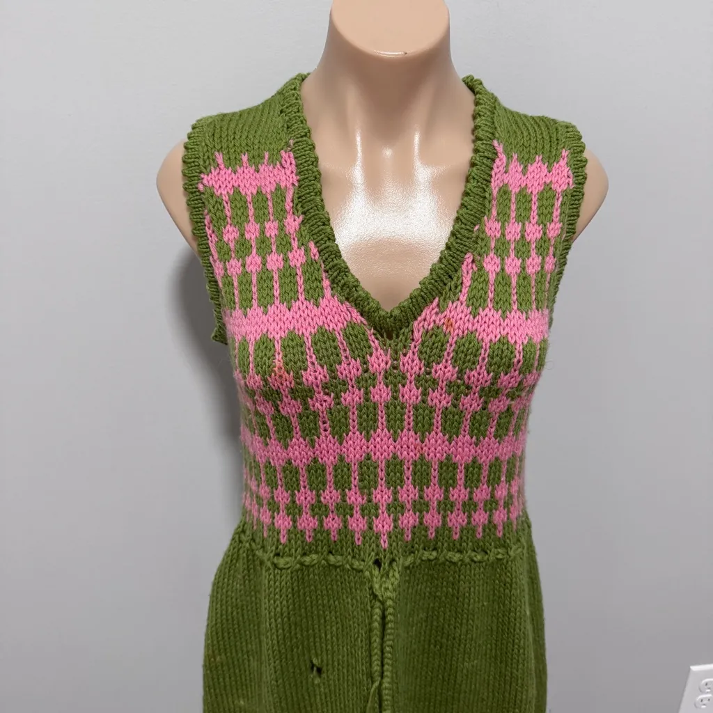 Handmade V Neck Mod Yard Knit Crochet Dress Maxi OOAK Green Stripe Pink Yellow Size undefined - Image 4