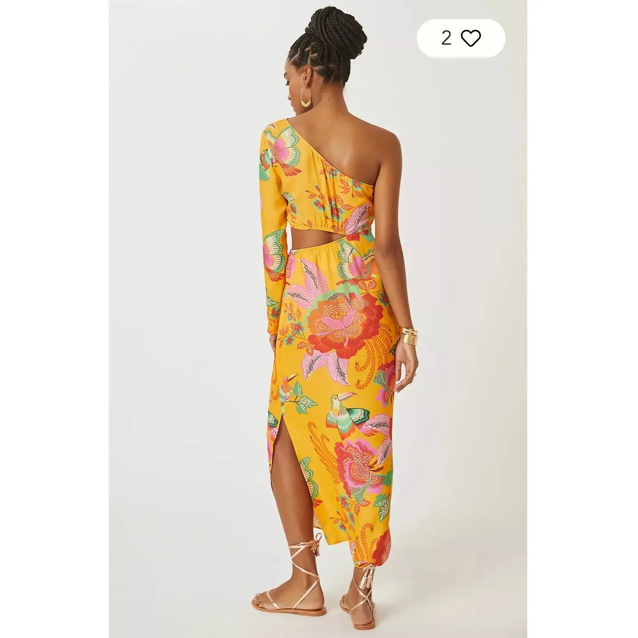Farm Rio One Shoulder Maxi Dress Yellow Floral Bird Print Cutout Side Slit - Image 5