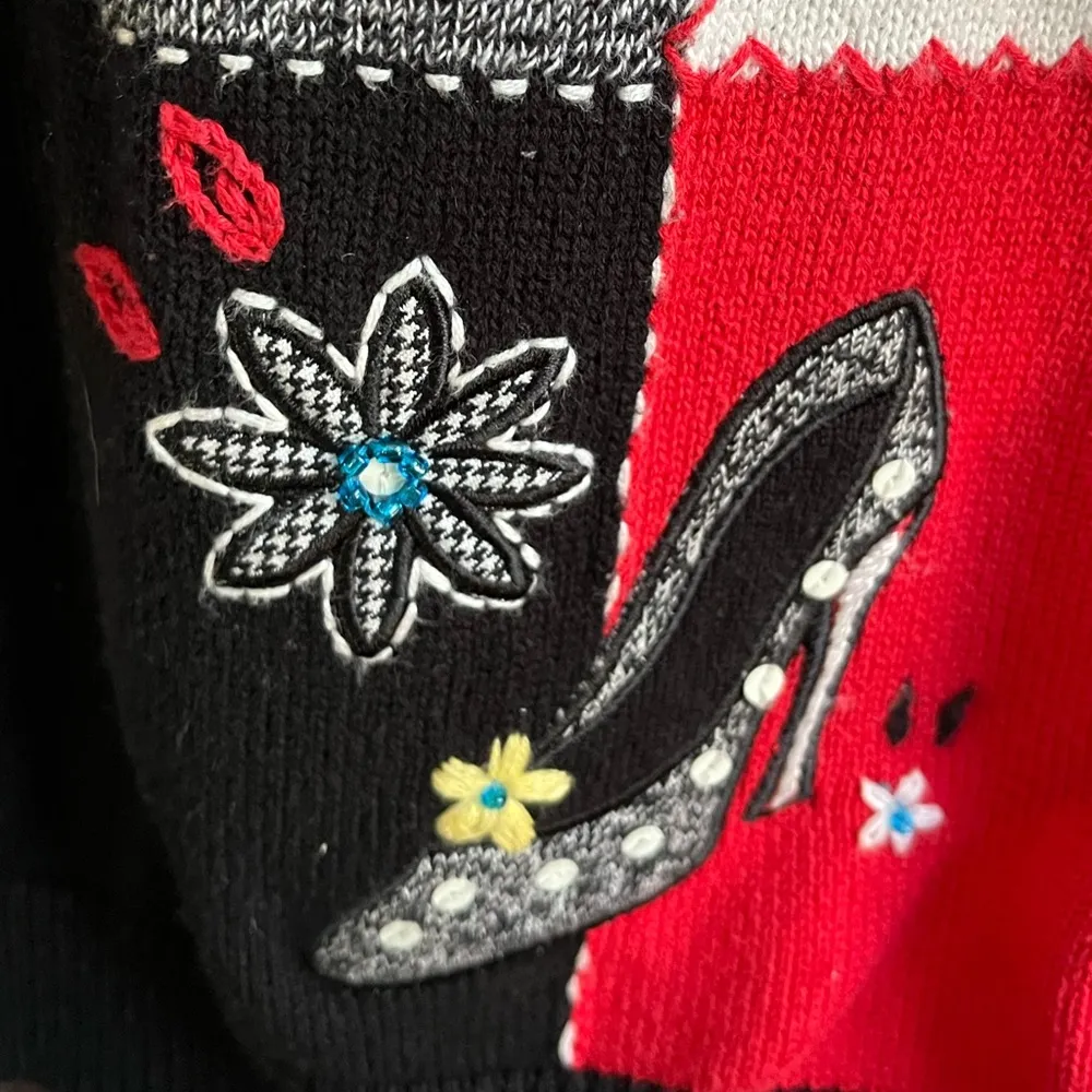 Alfred Dunner Shoes Bags and Flowers Knit Cardigan Sweater Black White Res Large - Image 9