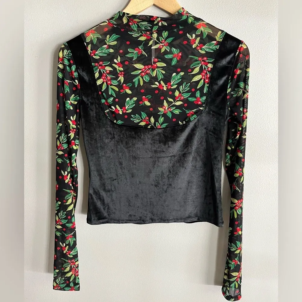 Free People Intimately Floral Mesh Velvet Mix Top Sheer Holiday Holly sz S - Image 8