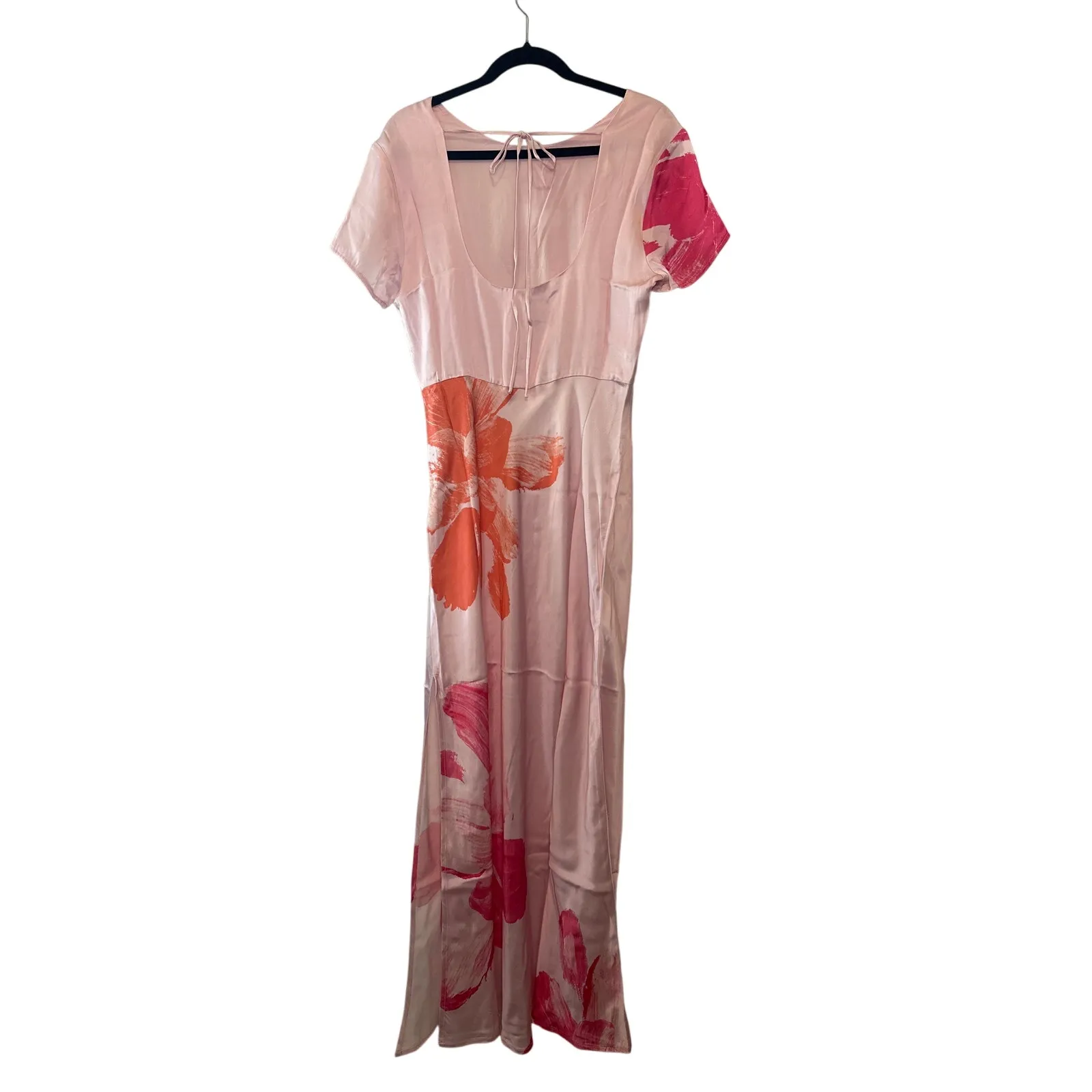 Anthropologie NWT Short Sleeve Floral Satin Maxi Slip Dress Pink Combo Size M - Image 5