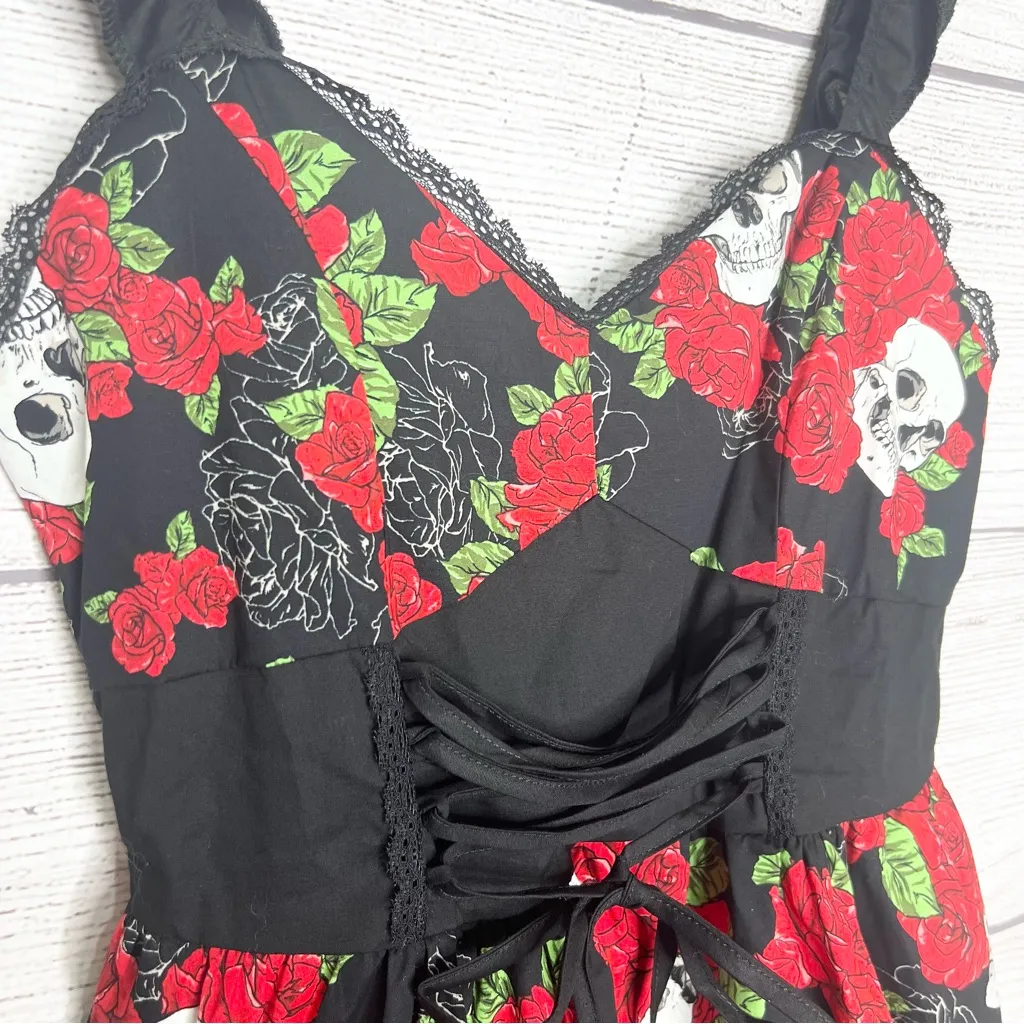 Hot Topic Day Of The Dead Red & Black Roses & Skulls Lace-Up Dress Size Medium - Image 12