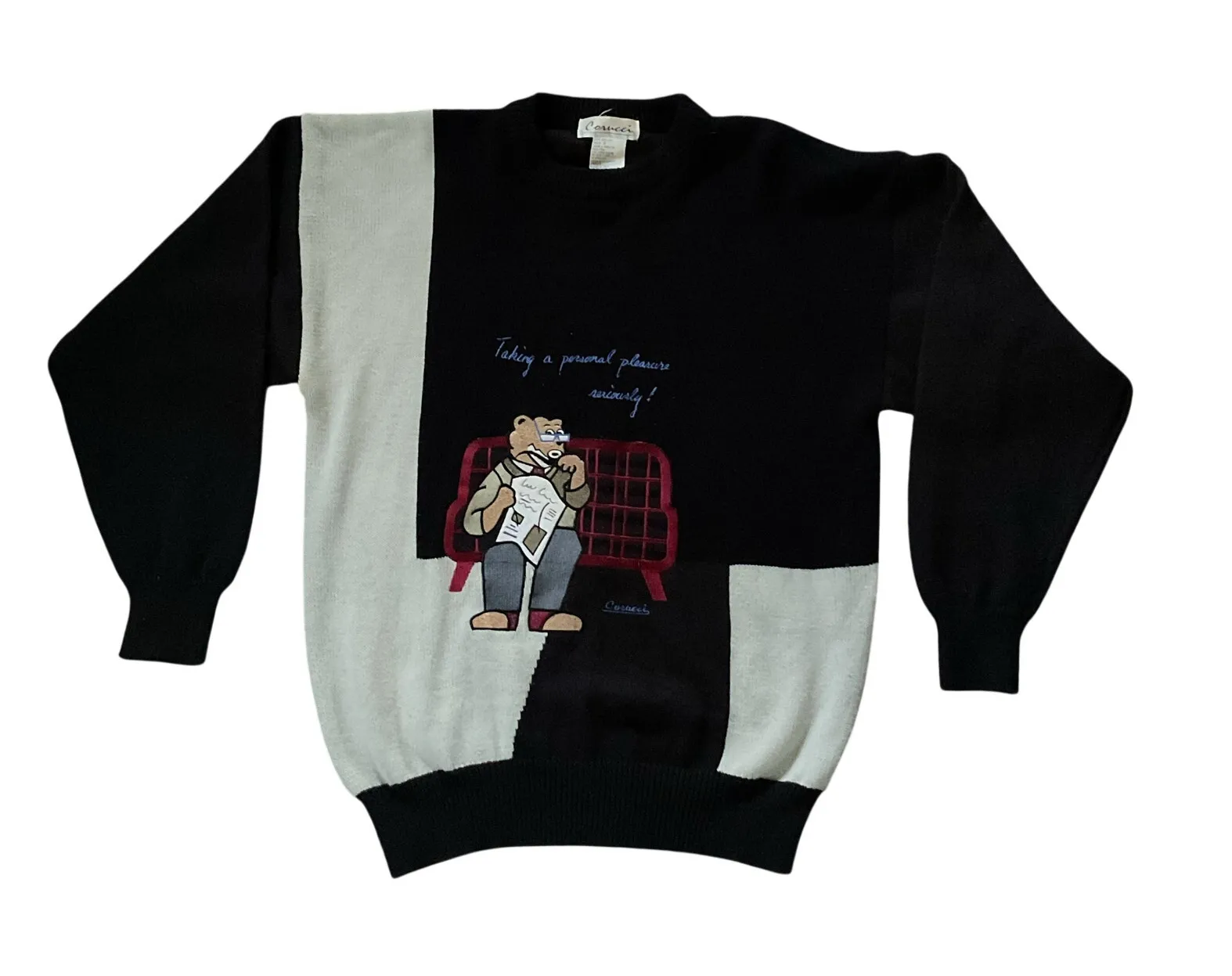 Vintage Graphic Sweater Bear Design Made in Hong Kong Size S 90s Knit Black - Image 1