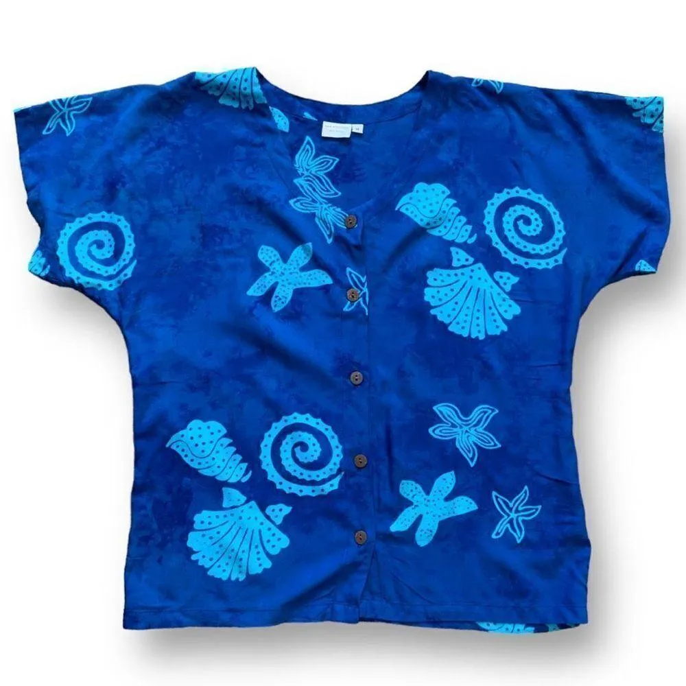 Vintage 90s Shirt Blue Batik Nautical Print Short Sleeve Scoopneck Button Front Size M - Image 8