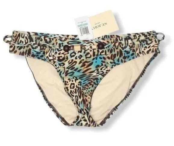 St. John Leopard Print Bikini Bottoms Beaded Size 8 Blue & Brown Resort Travel - Image 1