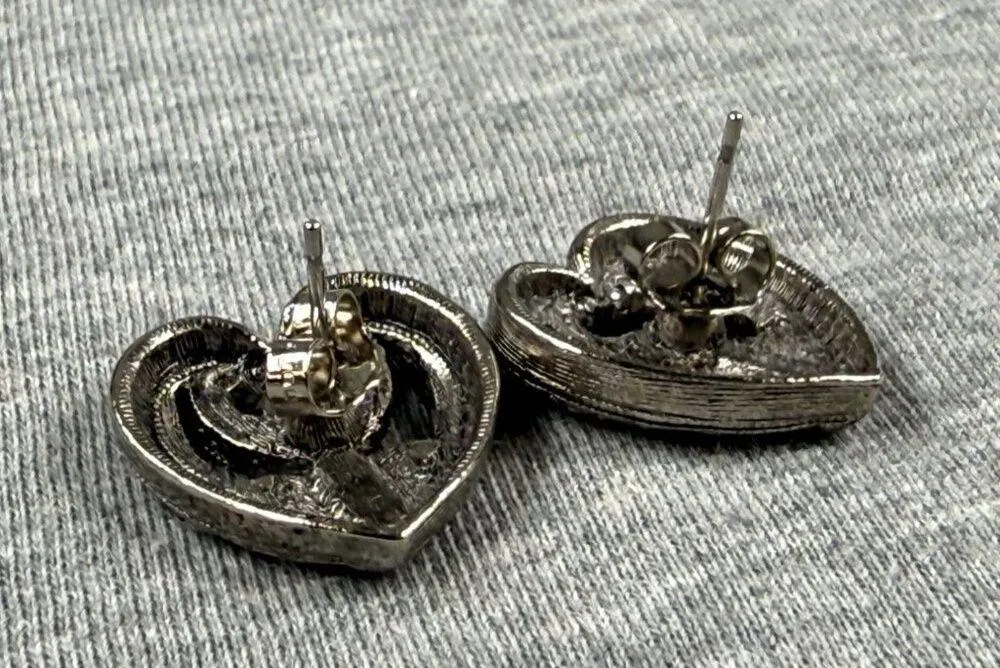 Vintage Heart Pierced Post Earrings Rhinestone & Silver Tone Metal Design - Image 14