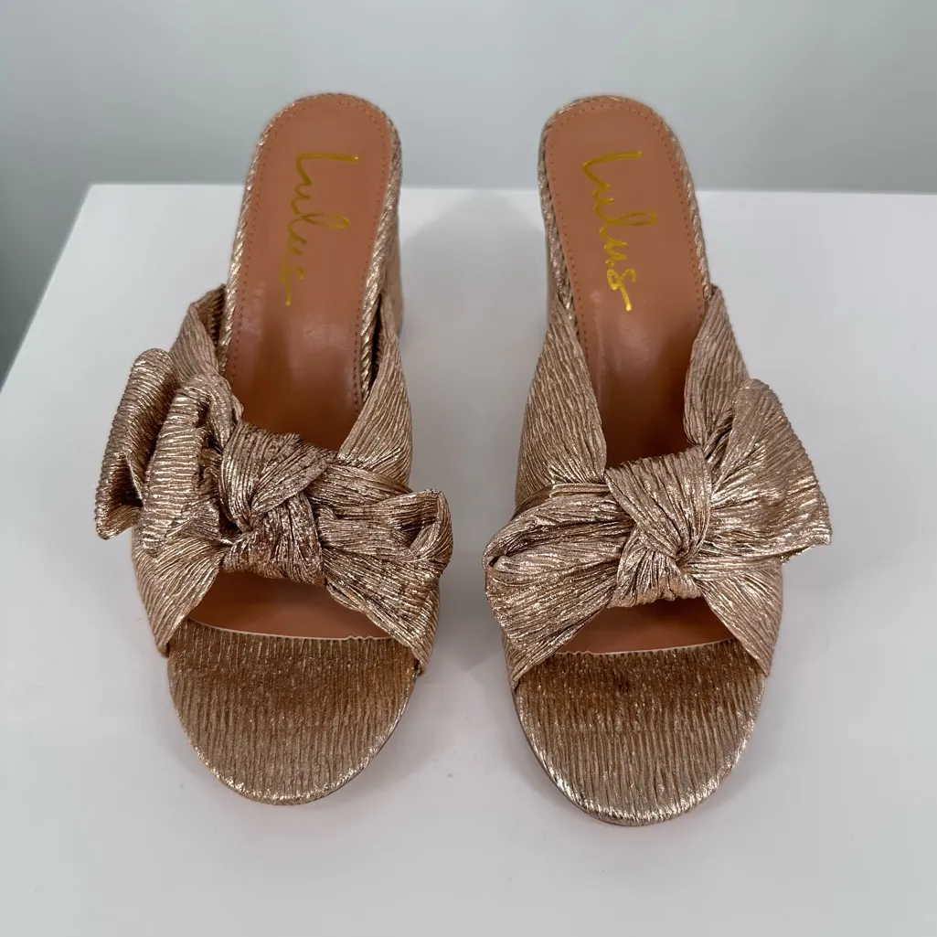 Lulus Dorothea Rose Gold Knotted High Heel Sandals size 8 New in Box Metallic - Image 5