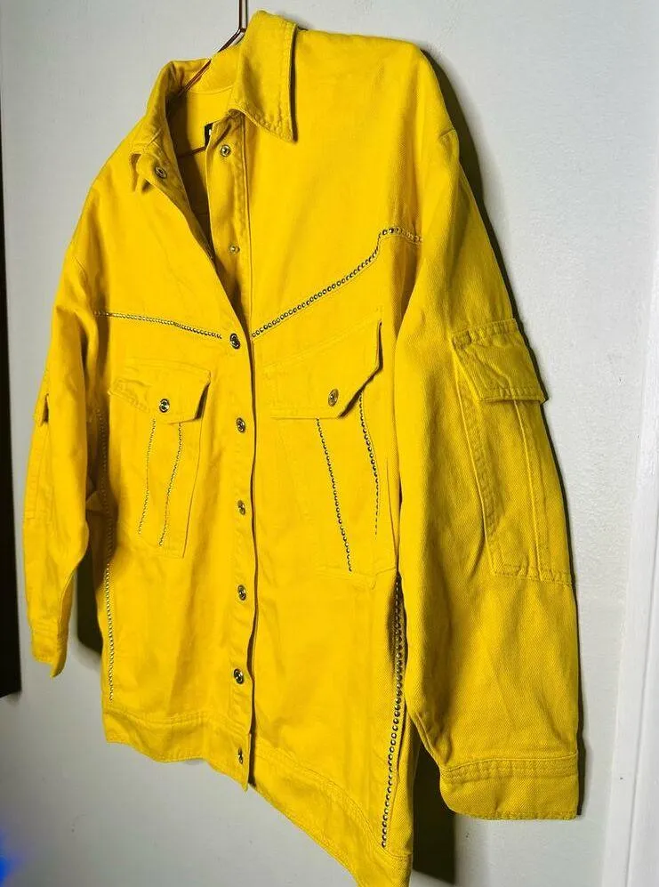 NWT NOCTURNE Ready To Wear Yellow Silver Studded Oversized Jacket Size Medium - Image 6