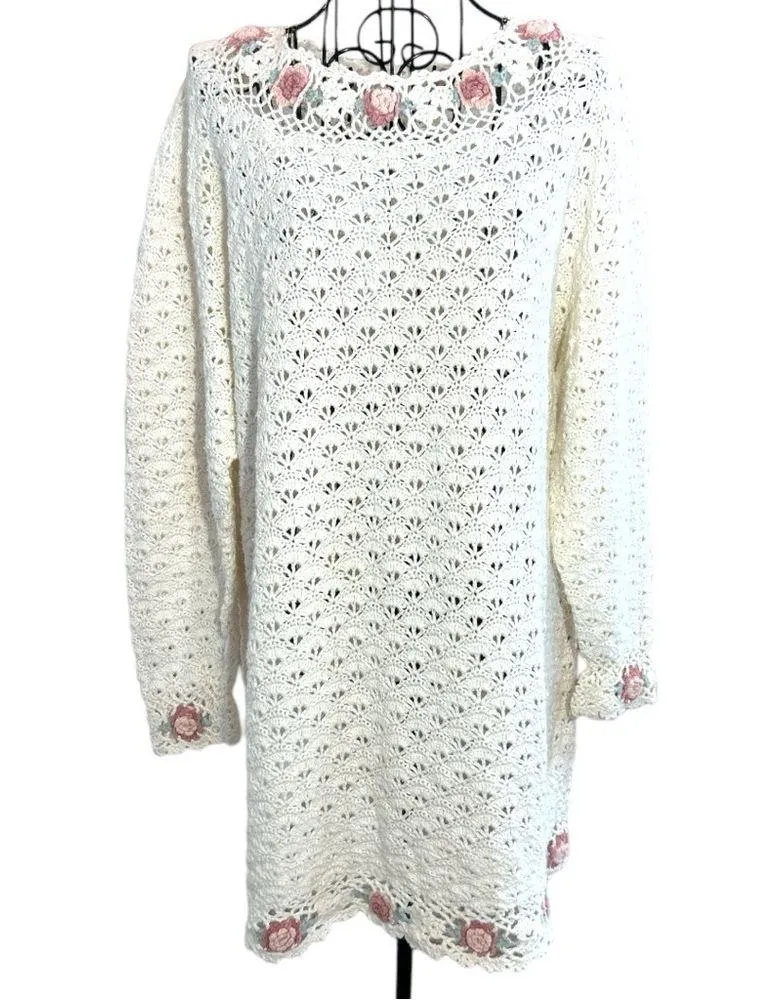Vintage B. Moss Knitted by Hand Open Knit Floral Tunic Sweater Size Medium White - Image 2