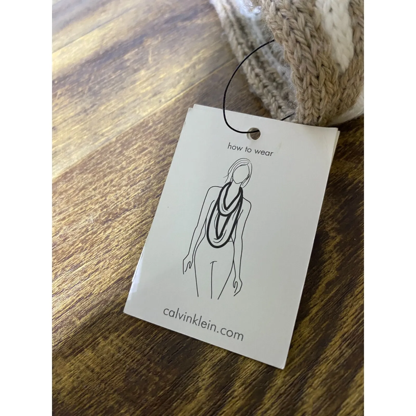 Calvin Klein Womens Wool Blend Infinity Loop Scarf‎ Chevron Knit Beige White 64" - Image 9