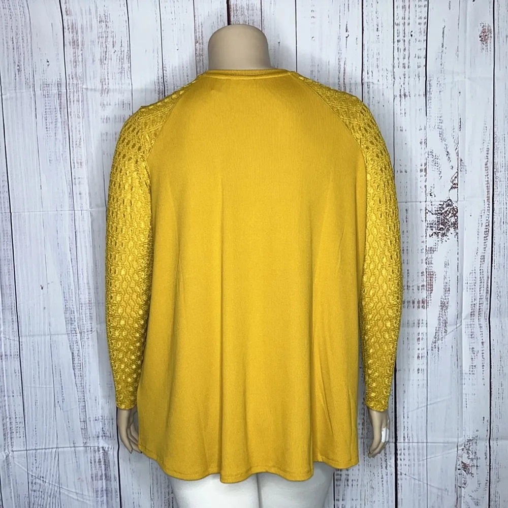 LOGO by Lori Goldstein 1X Harvest Gold - Mesh Lace Sleeve Ribbed Knit Top Shirt - Image 3