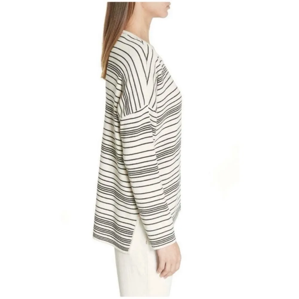 Eileen Fisher Boxy Fit Oversized 100% Organic Cotton Striped Sweater Ivory Black - Image 7