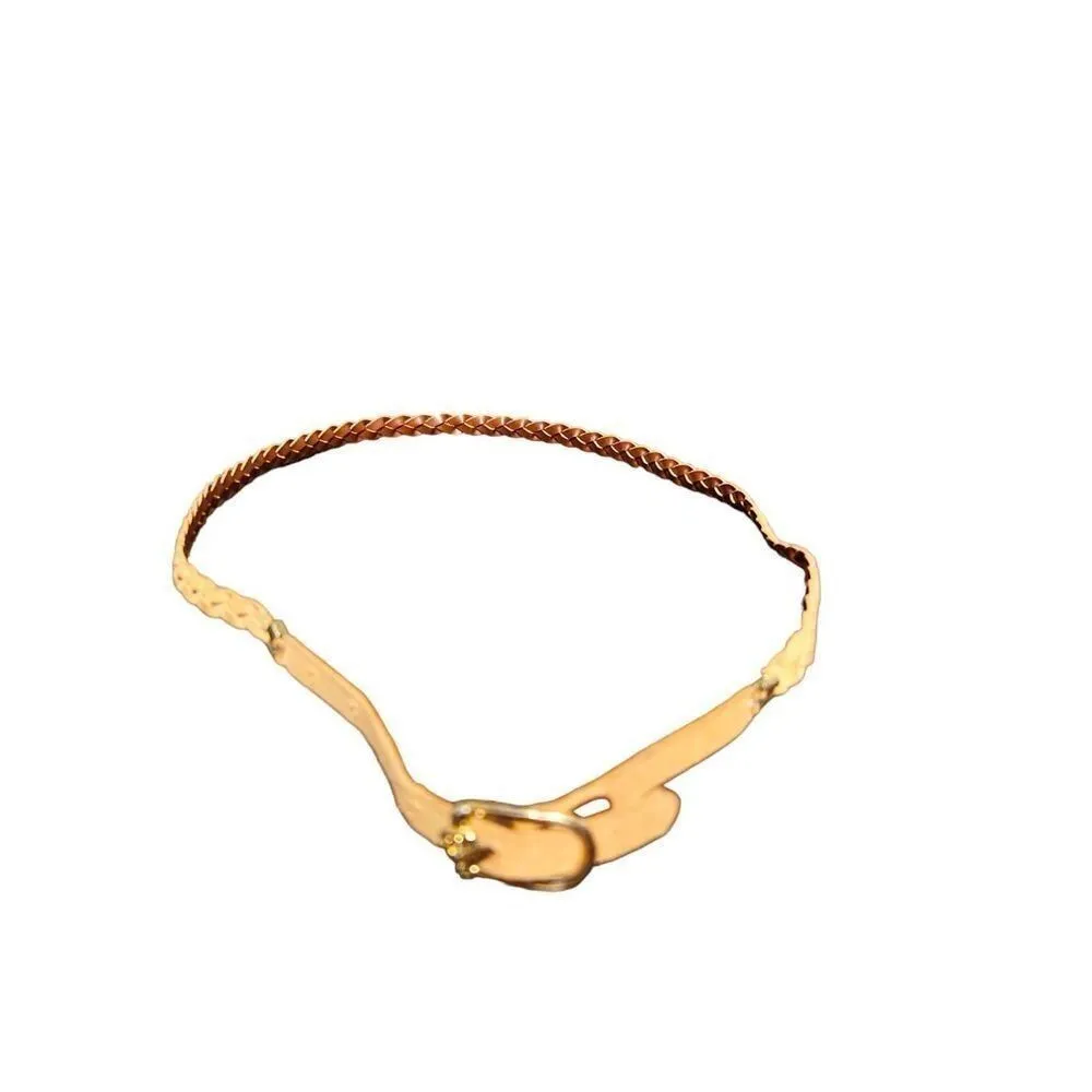 Women's Brown Woven Braided Adjustable 5 Hole Waist Belt Gold Buckle Belt Chic Brown - Image 4