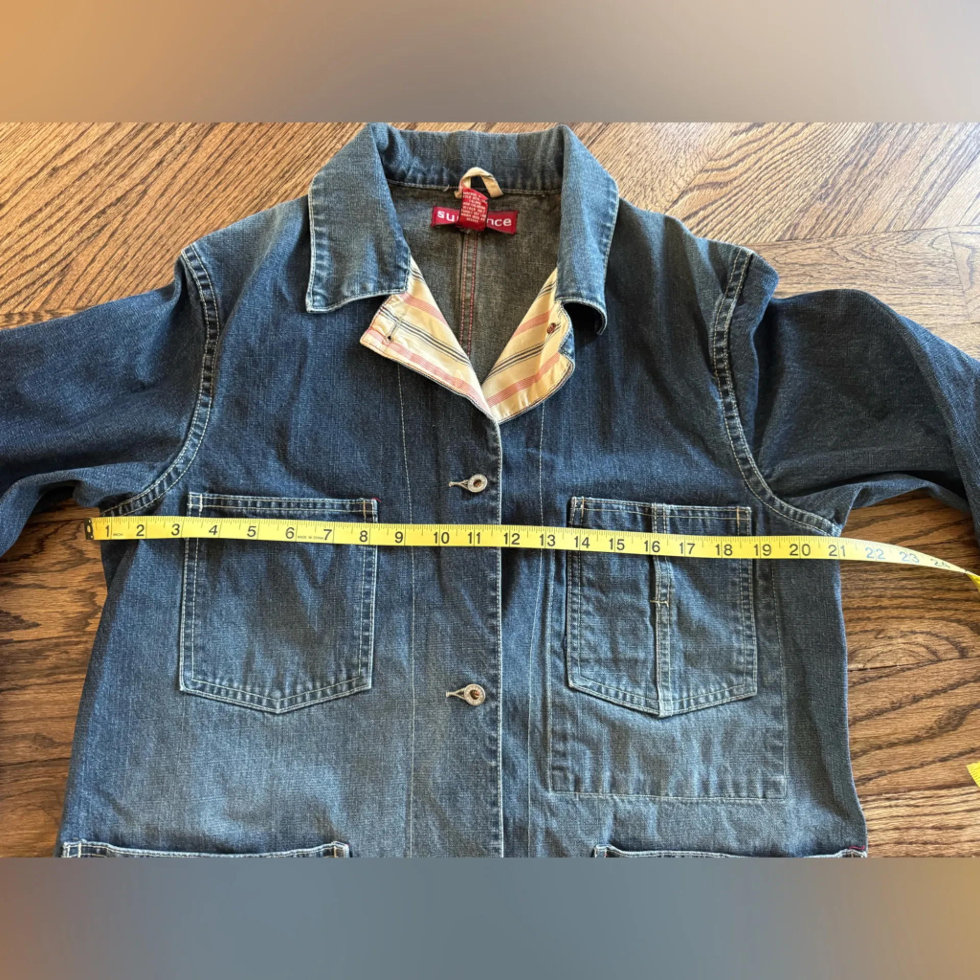 Sundance Barn Chore Coat Denim Vintage Dark Wash Americana Western Medium Stripe - Image 5
