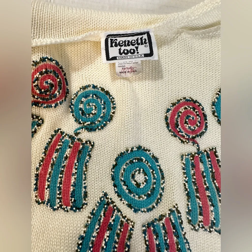 Vintage Kenneth Too Ivory Aztec Pullover Sweater Turquoise Embellished Sz S/M Blue - Image 9