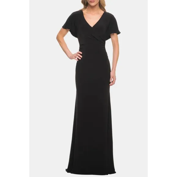 La Femme Black V-Neck Ruched Short Sleeve Maxi Jersey Evening Gown Size 20 - Image 3