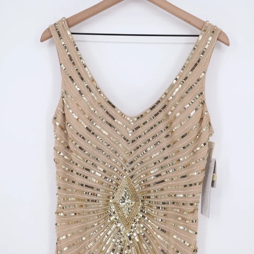 Aidan Mattox Beaded Sequin V Neck Cocktail Dress Champagne Gold Size 12 - Image 3