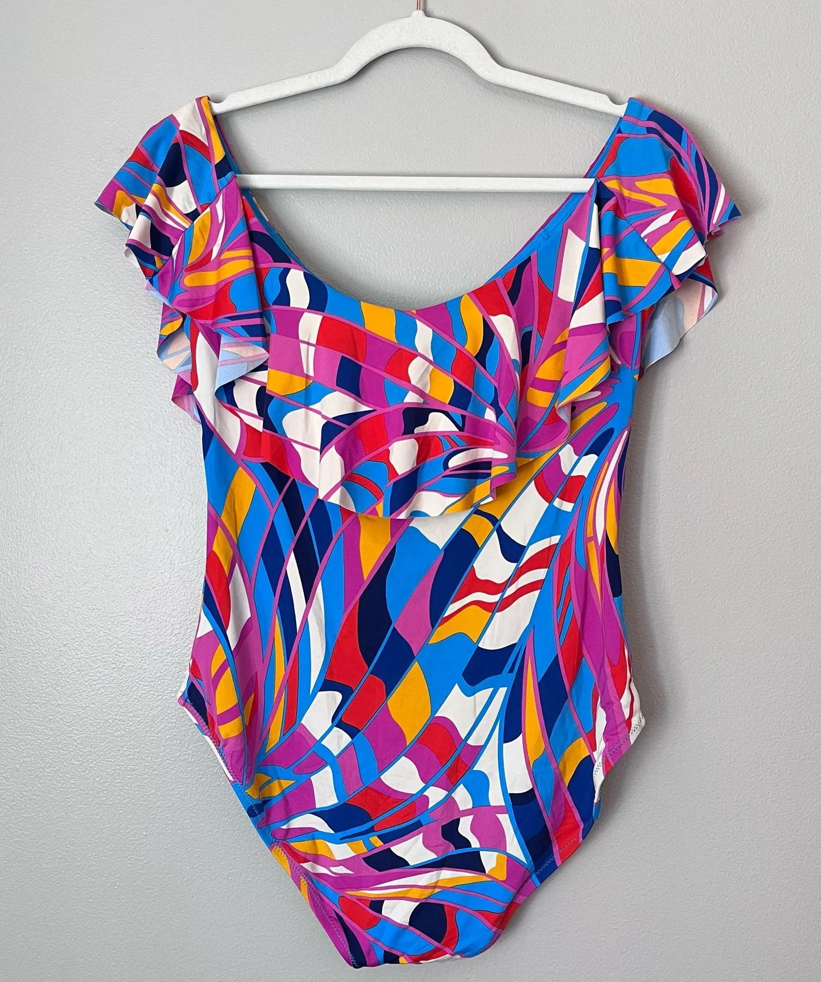 Trina Turk Rio Off The Shoulder Ruffle One Piece Swimsuit Pink Blue - Image 7