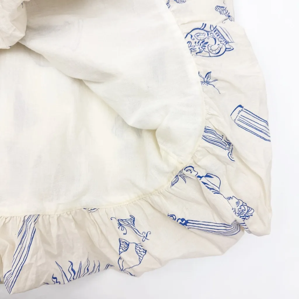 Lucky Brand Bubble Cotton Poplin Maxi Skirt Greece Travel Vacation Print Ecru - Image 10