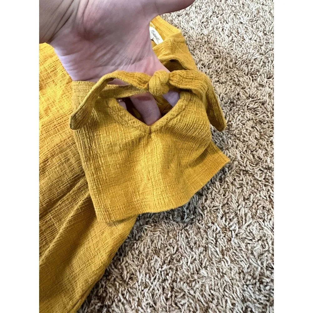 Madewell Top Womens Medium Mustard‎ Yellow Cold Shoulder Knit Shirt Blouse Tie - Image 4