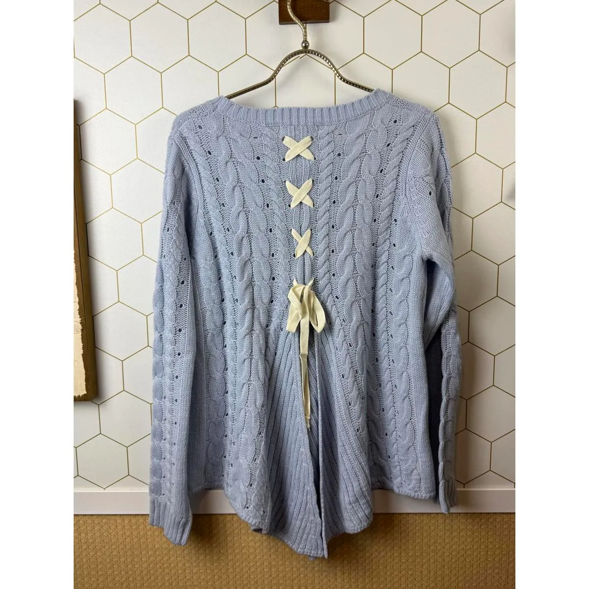 One The Land Lace Up Cable Knit Crewneck Sweater - Image 2